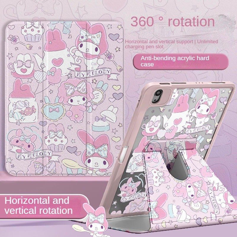 [iPad Pro 11 ] เคสอะคริลิค ลายการ์ตูนเค้ก Sanrio พร้อมช่องใส่ปากกา 360 สําหรับ iPad Air 5 10.9 Pro 11 10th 9th 8th Gen 7th 10.2 Mini 6 ° เคส iPad หมุนได้
