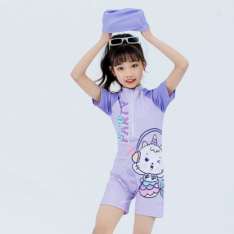 (พร้อมส่ง)ชุดว่ายน้ำเด็ก ชุดว่ายน้ำบอดี้สูทสีม่วงน่ารัก พร้อมหมวก