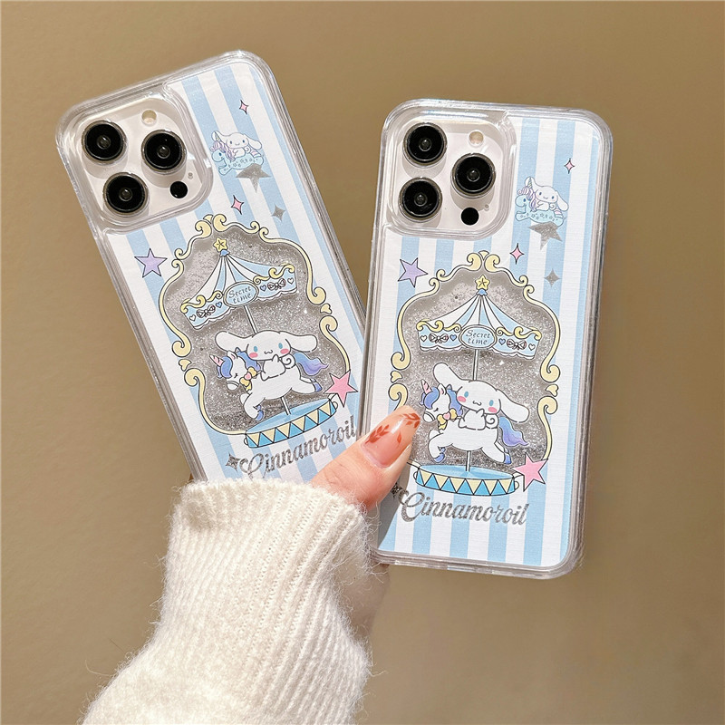 Merry-go- เคสโทรศัพท์มือถือแบบใส มีทรายไหล กันกระแทก ลาย Cinnamoroll ไดนามิก สําหรับ iPhone 16 Pro Max 15 Pro Max 15 Plus 14 Pro 13 12 Pro Max 12 11