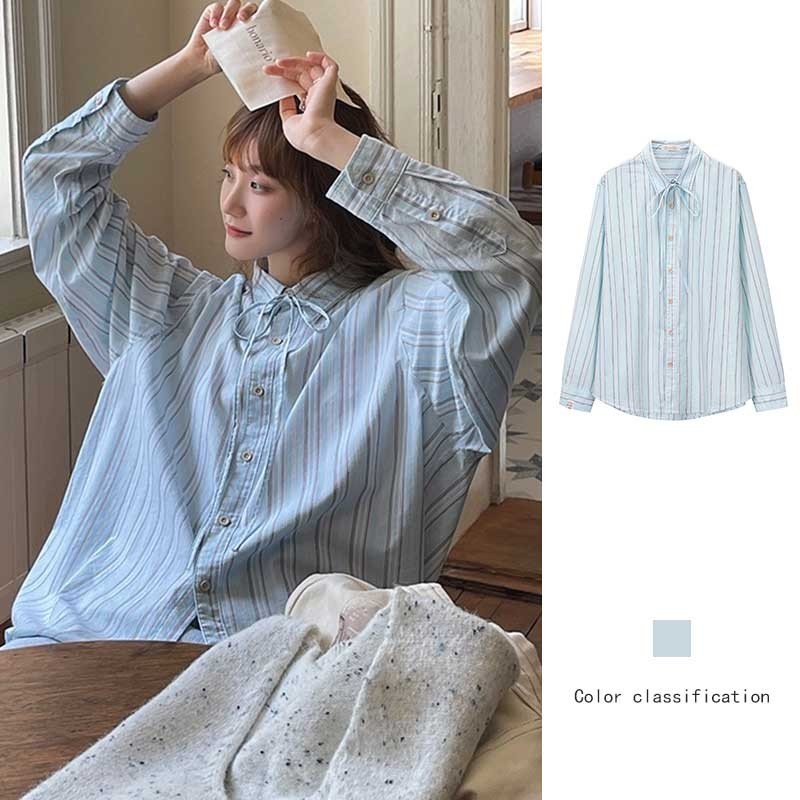 เสื้อเบลาส์ แขนยาว พิมพ์ลายลูกไม้ ทรงหลวม สไตล์เกาหลี เหมาะกับฤดูใบไม้ผลิ สําหรับผู้หญิง 240304