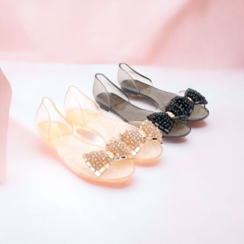 Adelia- Princess Summer Beaded Flat Jelly Shoes Bead/ Jelly Shoes Women Diamond Mute 4457 โปร ่ งใส