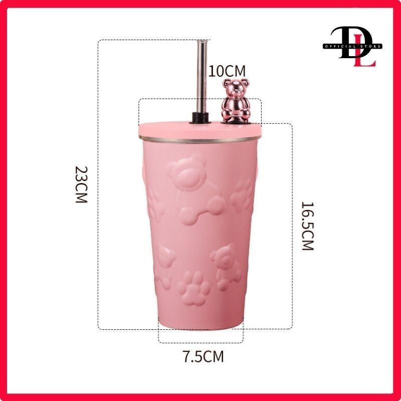 แก้วเก็บความเย็น แก้วกาแฟ แก้วหมี แก้วเก็บอุณหภูมิ เก็บความเย็น พร้อมหลอดสแตนเลส Sus304 ขนาด 600ml พ