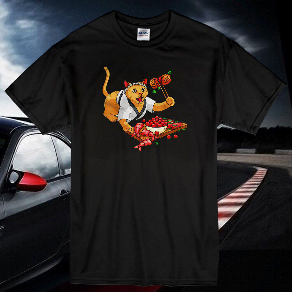 Cat Eating Sushi Men เสื้อยืดผ้าฝ้ายแท้