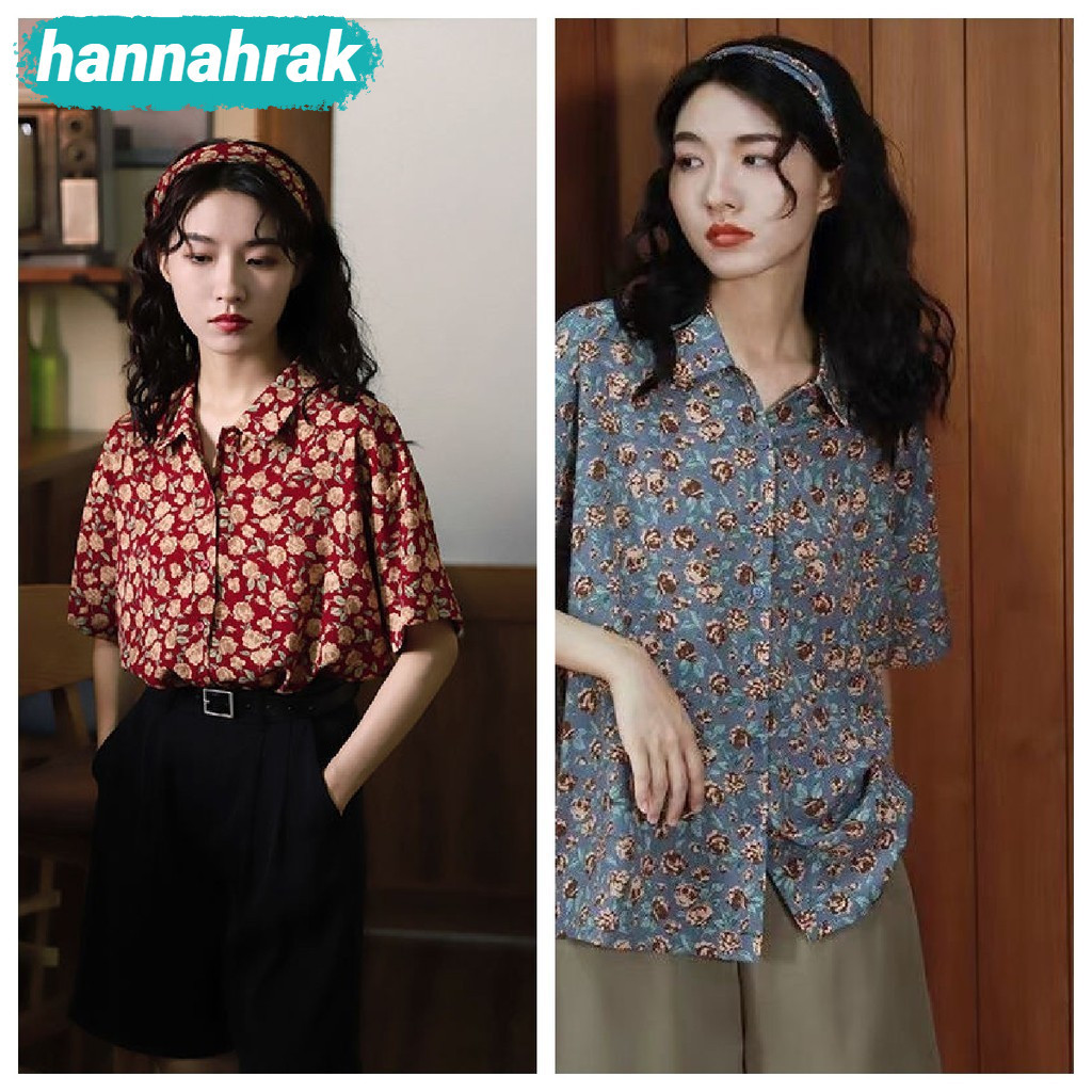 (ส่งจากกรุงเทพฯ)เสื้อชีฟองลายดอกไม้ หญิง ย้อนยุคสไตล์ฮ่องกง ฤดูร้อน เสื้อเชิ้ตแขนสั้นพิมพ์ลายดอกกุหลาบสไตล์