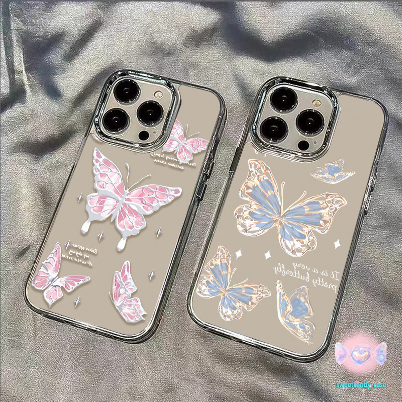 ผีเสื้อสีชมพูกรอบโลหะโทรศัพท์มือถือกรณีใช้งานร่วมกับiPhone X XR XS 11 13 15 12 Pro Maxผีเสื้อสีฟ้า 7 8 14 15 Plus SE2 3