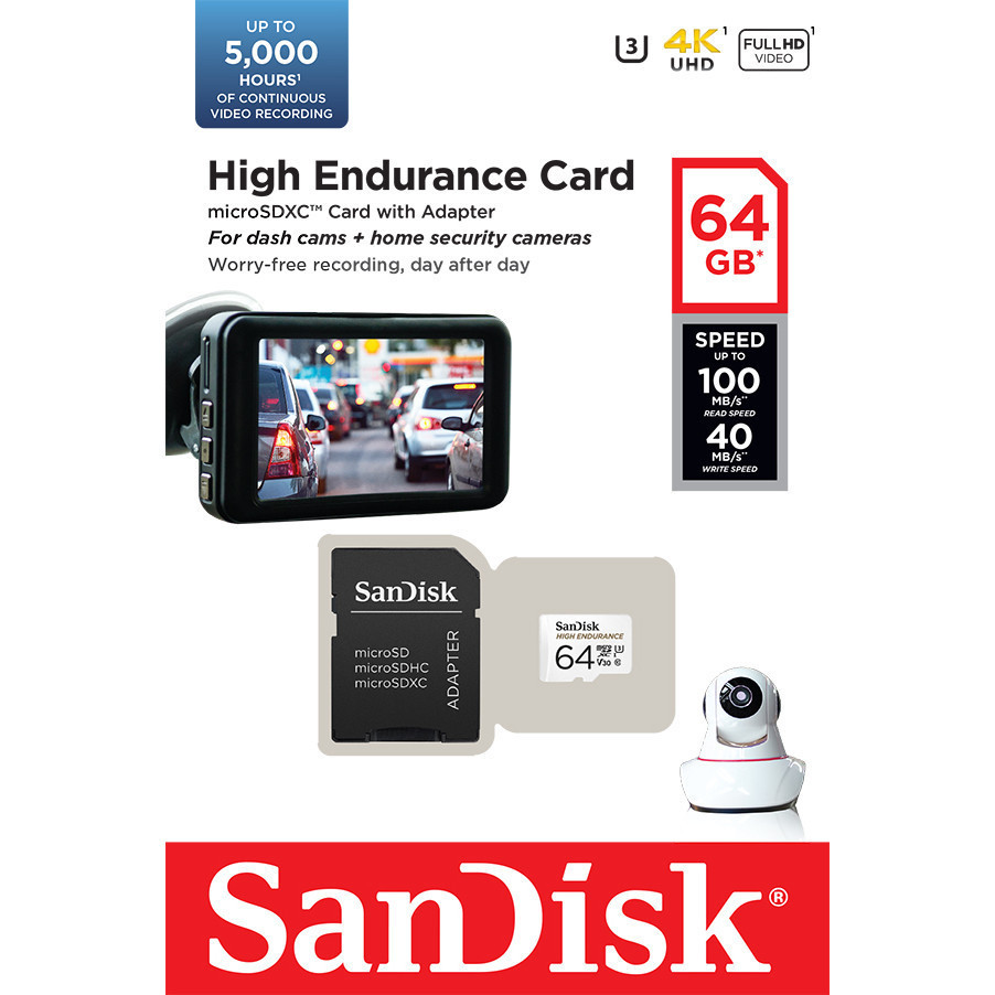 ที่เก็บความจำ SANDISK High Endurance Micro SDcard แท้ 64GB [100/40MB/s] UHS-I Class10 U3 V30 Memory 