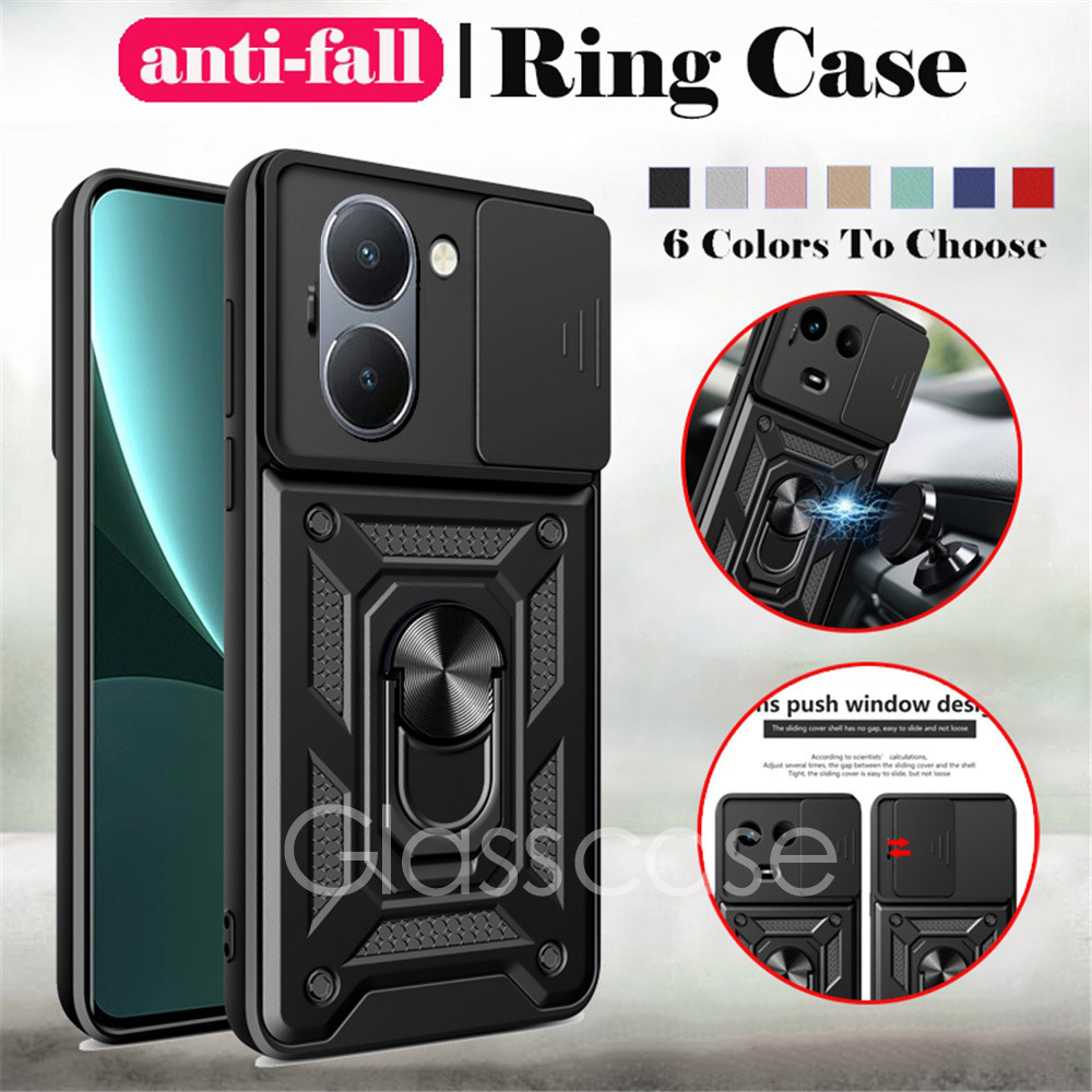 ปลอกสําหรับ Vivo Y03 Y18 Y18s Y19s Y28 Y28s Y29 Y39 Y100 Y200 VivoY03 Y 03 โลหะเกราะแหวนเคสโทรศัพท์วงเล็บ Stent Push กล้องกันกระแทกป้องกัน Hard ฝาหลังปลอก