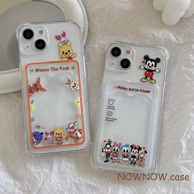 เคสโทรศัพท์มือถือ แบบนิ่ม ลายการ์ตูนมิกกี้ วินนี่ หมี มีช่องใส่บัตร สําหรับ iPhone 15 14 13 12 11 Pro MAX X XR XS MAX 7 8 Plus