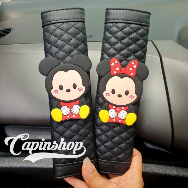 ปลอกหนังหุ้มเข็มขัดนิรภัยรถยนต์ ลายมิกกี้ มินนี่ DIY 2 ชิ้น