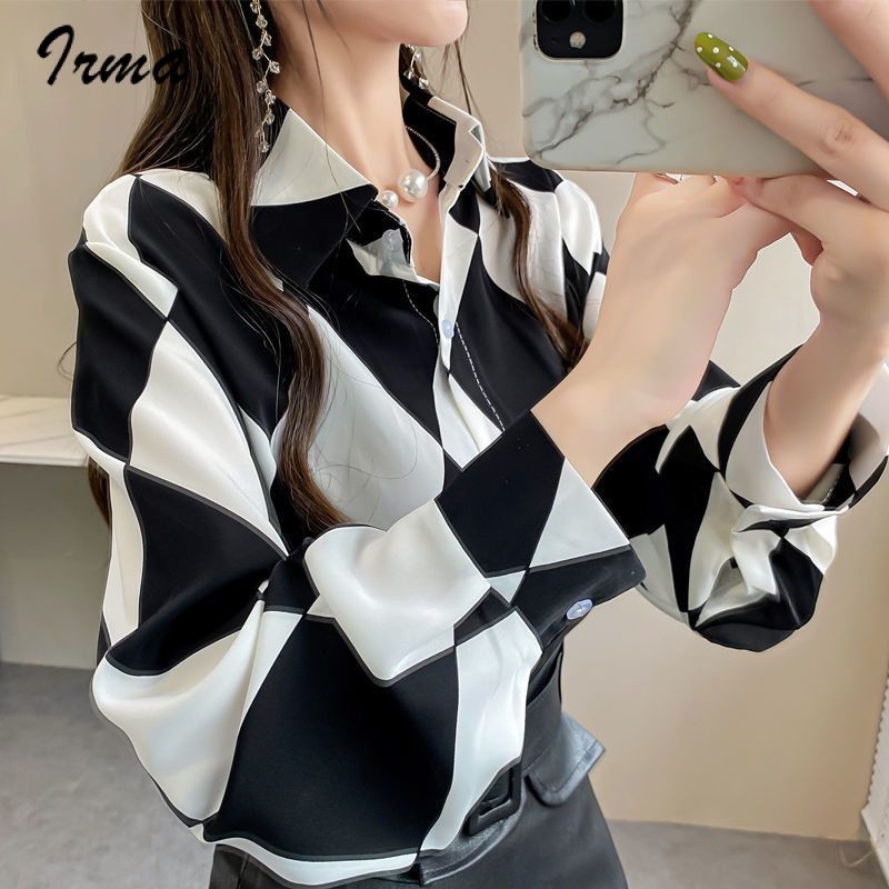 เสื้อเชิ้ตแขนยาว ผ้าชีฟอง พิมพ์ลาย ทรงหลวม สไตล์เกาหลี เรโทร สําหรับผู้หญิง 2023