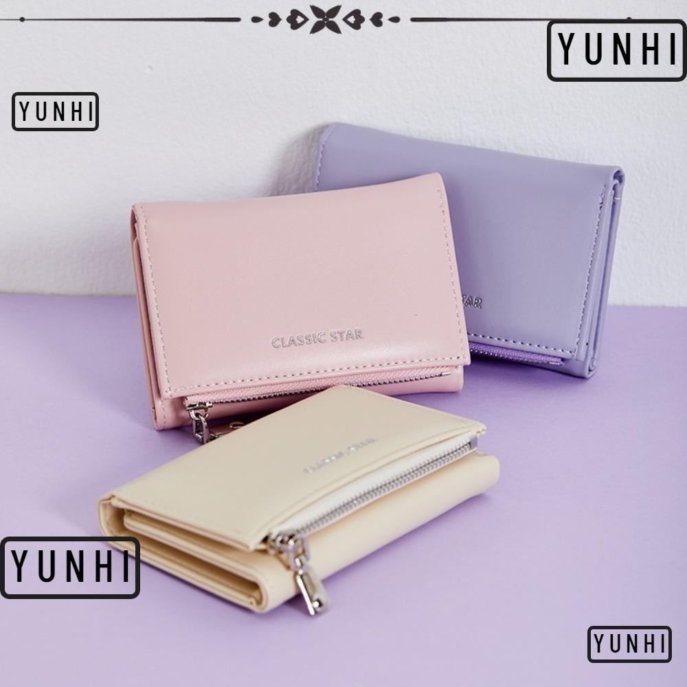 Yunhi กระเป๋าสตางค์ ใบสั้น หนัง PU พับได้สามทบ หลายช่อง แบบพกพา สีพื้น สําหรับใส่เหรียญ บัตรนักเรียน