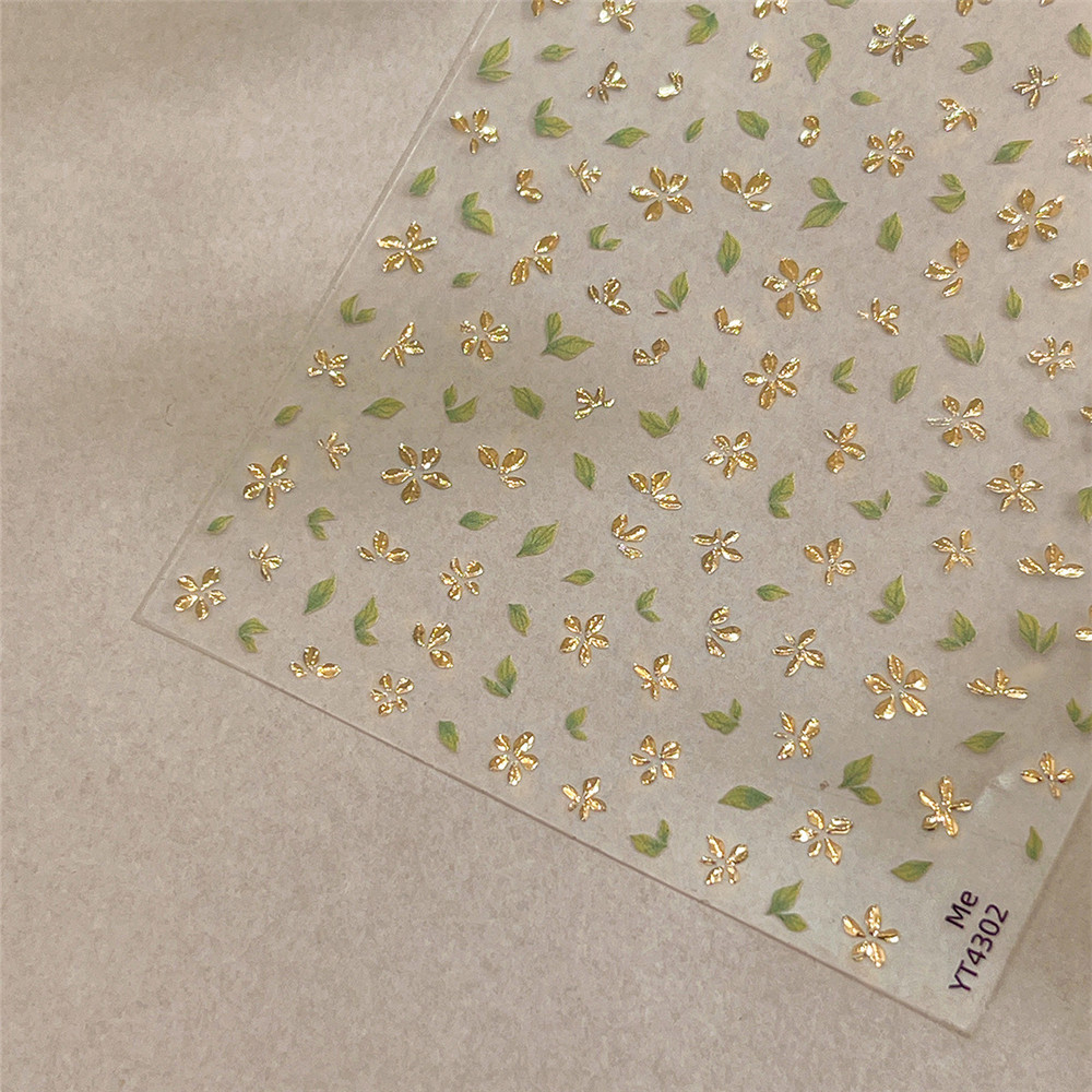 ทอง-ปั๊มสามมิติห้ากลีบดอกไม้เล็บสติ๊กเกอร์สีเขียวใบและดอกไม้ตกแต่งเล็บสติ๊กเกอร์