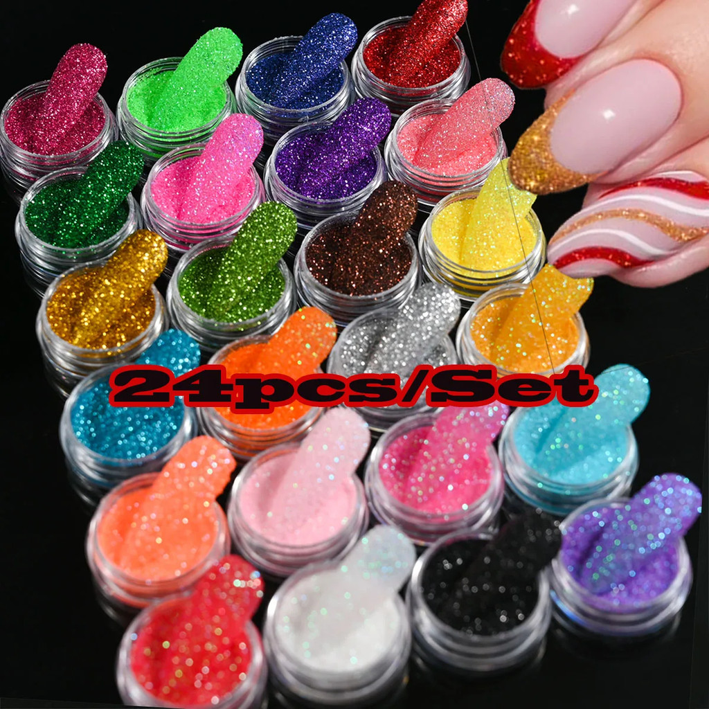 24/12pcs Sparkly Holographic Fine Sugar เล็บผงเพชร Chrome Pigment ฝุ่นสําหรับเจล Polish Glitter