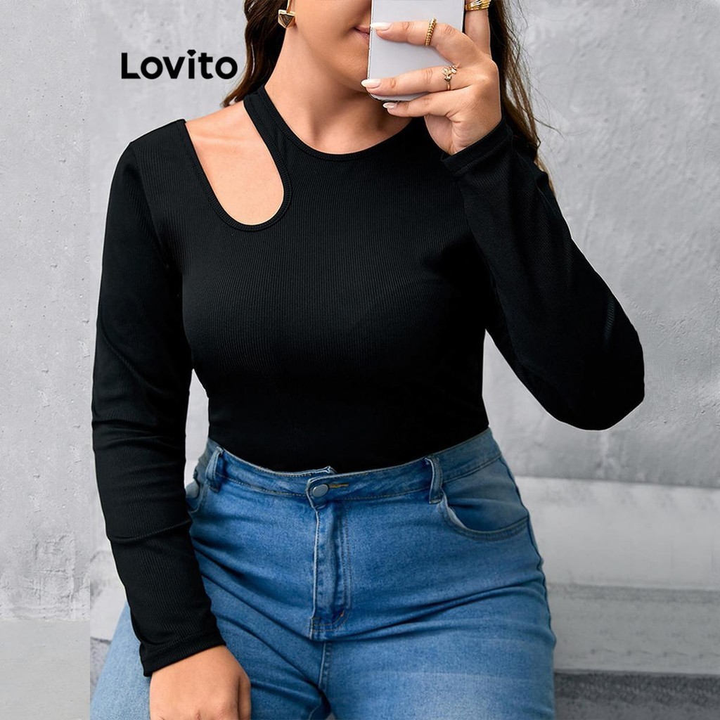 Lovito เสื้อยืดสาวอวบ แต่งคัทเอาท์ สีพื้น สไตล์ลำลอง LNL430