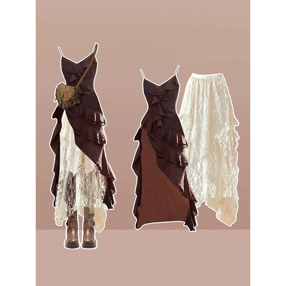 ชุดสูทฤดูใบไม้ร่วงแบบใหม่2024ชุดเดรสสายเดี่ยวดีไซน์แฟชั่นผู้หญิงชุดเดรสลูกไม้อารมณ์สองชิ้น