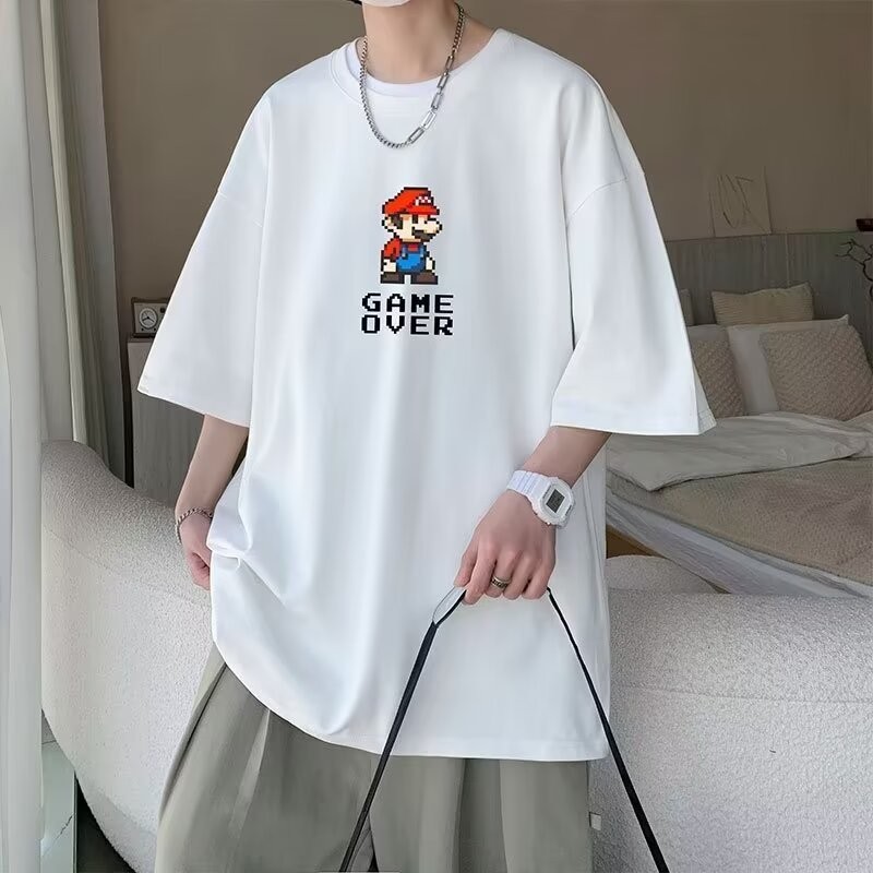 M-8xl ยอดนิยม Mario พิมพ์แขนสั้นเสื้อยืดสําหรับชายสบายๆเสื้อยืดหลวมขนาดใหญ่อเนกประสงค์รอบคอแขนสั้นเสื้อยืด