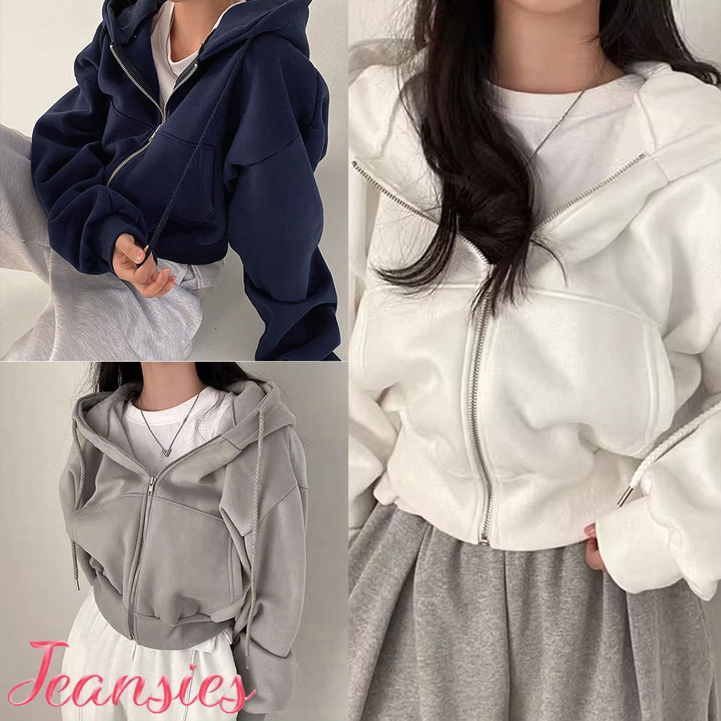 เสื้อกันหนาวแจ็กเก็ตทรงครอปเนื้อผ้าอย่างดีใส่สบาย