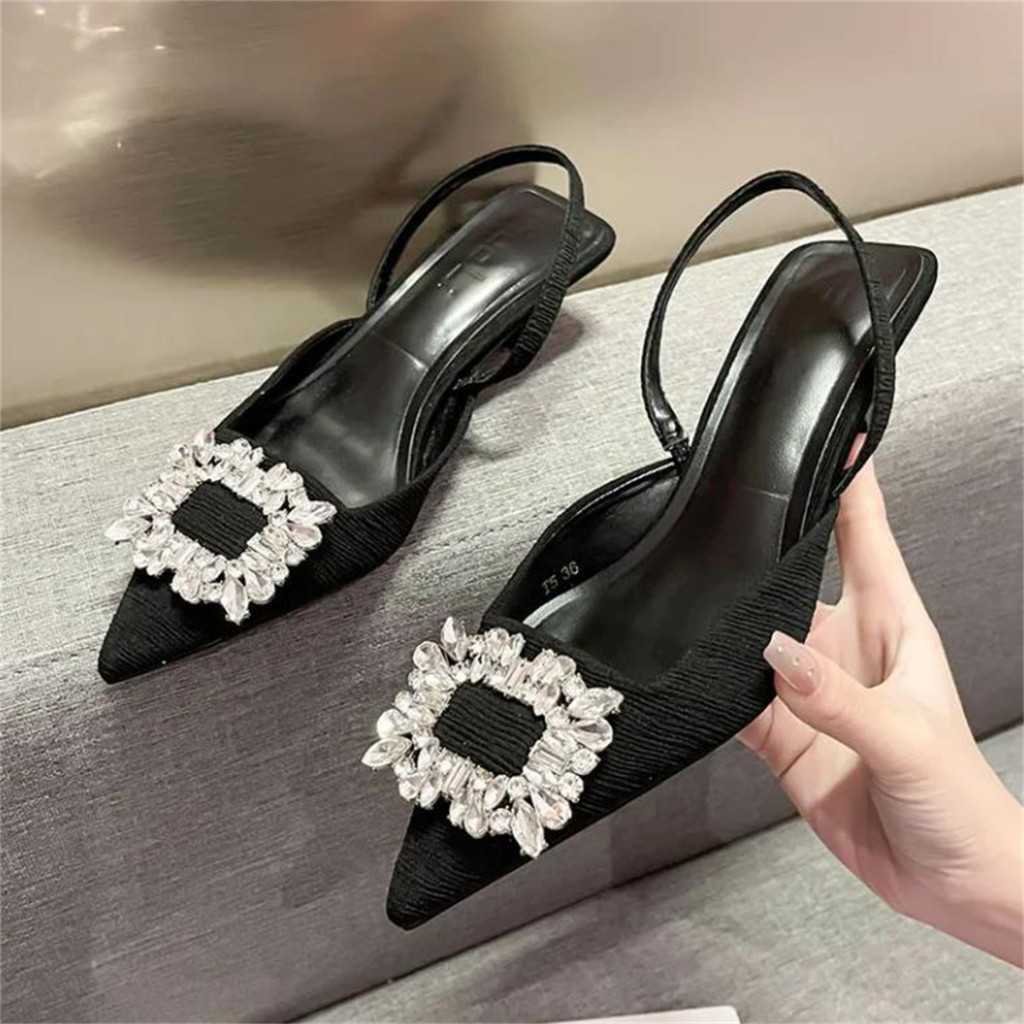 พร้อมส่ง มส่งจากไทย รุ่น A62 รองเท้าส้นสูงแฟชั่นผู้หญิง หัวแหลม ดีไซน์คริสตัลสวยหรู สูง 2นิ้ว Size 35-42