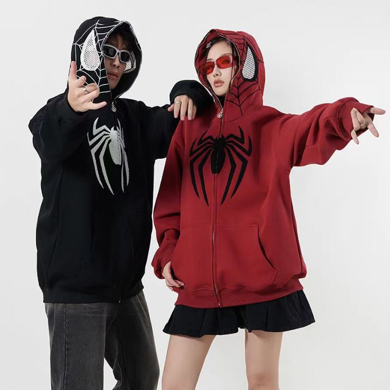 Y2K Spider-Man ปักซิป Hoodie Vintage Jacket Sweatshirt Cool Boy คู่ Hoodie