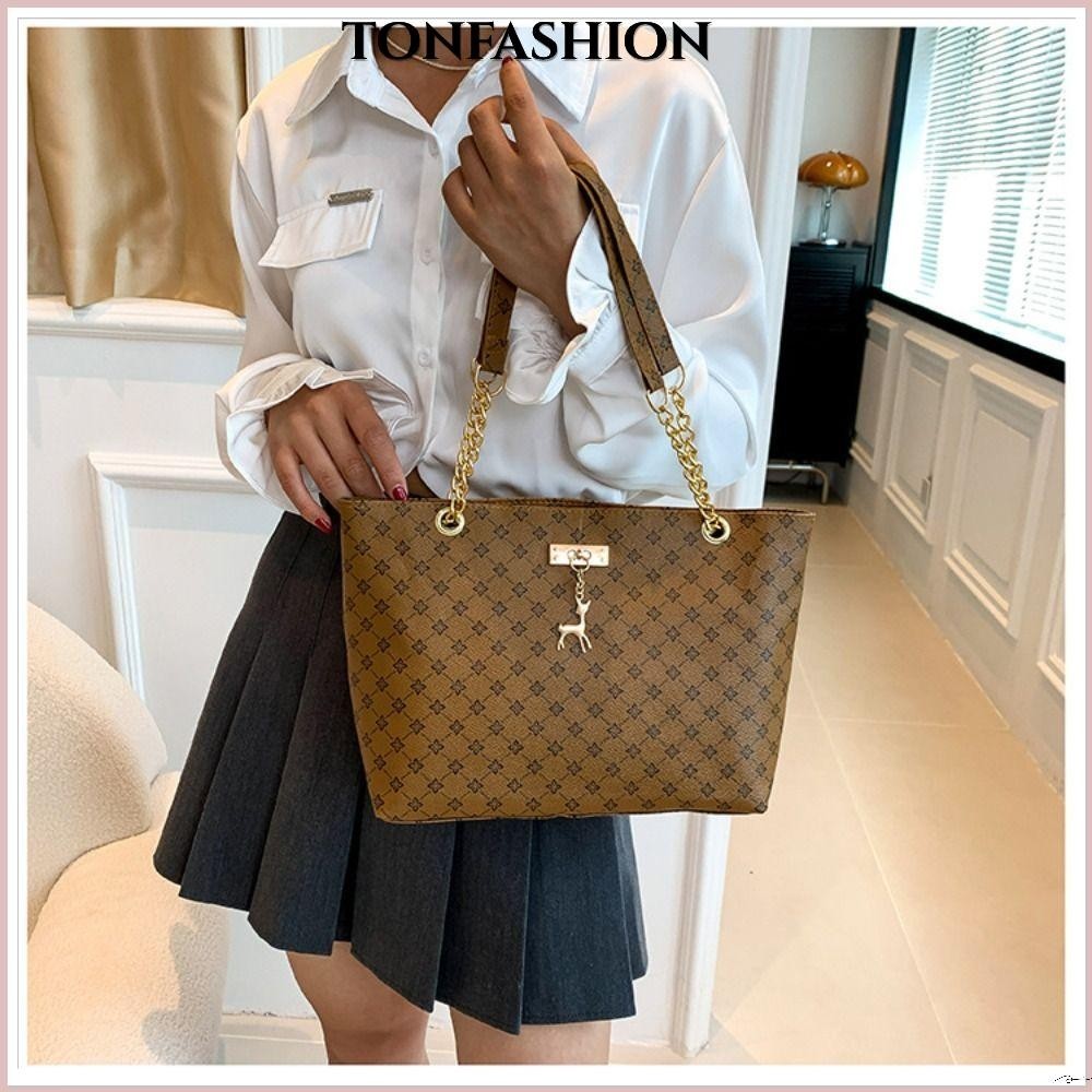 Tonfashion กระเป๋าสะพายไหล่ กระเป๋าช้อปปิ้ง หนัง PU พิมพ์ลาย ความจุขนาดใหญ่ ทนทาน สําหรับผู้หญิง