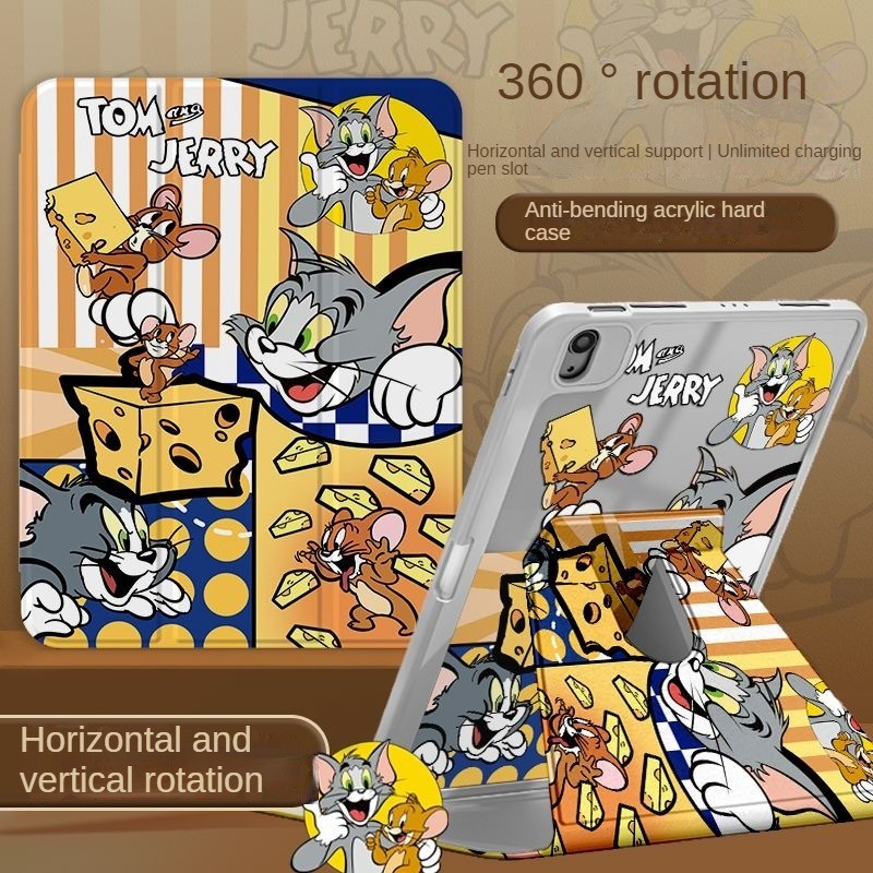 [iPad Air 4] เคสอะคริลิค ลายการ์ตูนแมวทอม พร้อมช่องใส่ปากกา 360 สําหรับ iPad Air 5 10.9 Pro 11 10th 9th 8th Gen 7th 10.2 Mini 6 ° เคส iPad หมุนได้