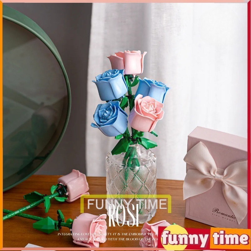 จัดส ่ งภายใน 24 ชม ชุดพืชเดี่ยว rose building block ของเล่นสองรูปแบบตกแต่งบ้านสร้างสรรค์เดสก์ท็อปตกแต่งของขวัญวันวาเลนไทน์