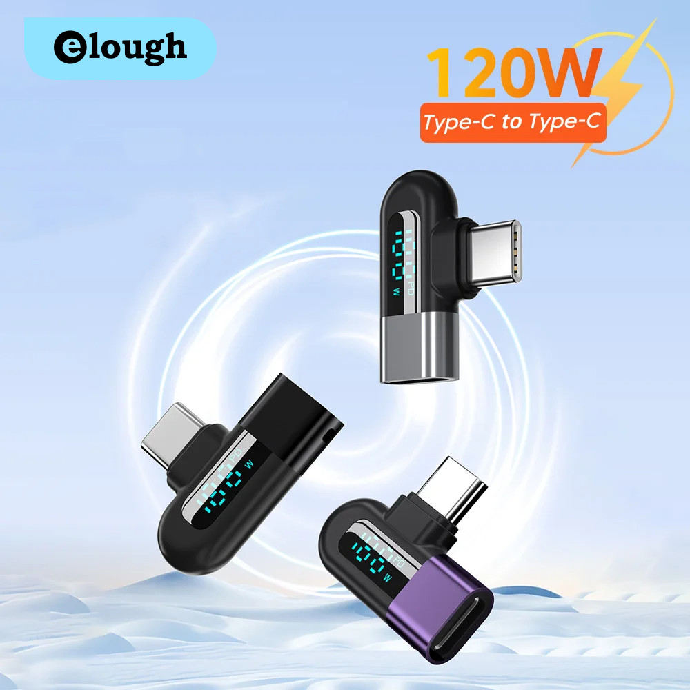 Elough อะแดปเตอร์ชาร์จโทรศัพท์มือถือ หน้าจอดิจิทัล 90 องศา 120W Type C เป็น Type C OGT สําหรับโทรศัพท์มือถือ แล็ปท็อป