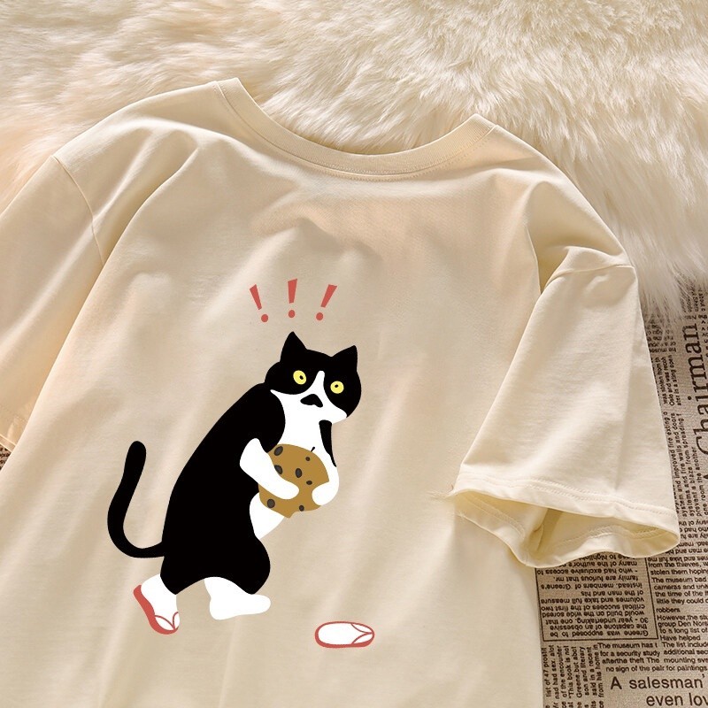 COD✅ (จัดส่งในกรุงเทพฯ) MAO Shop print T-shirt，การ์ตูนตลกแมวสีดำพิมพ์เสื้อยืดแขนสั้น - รูปที่ 2