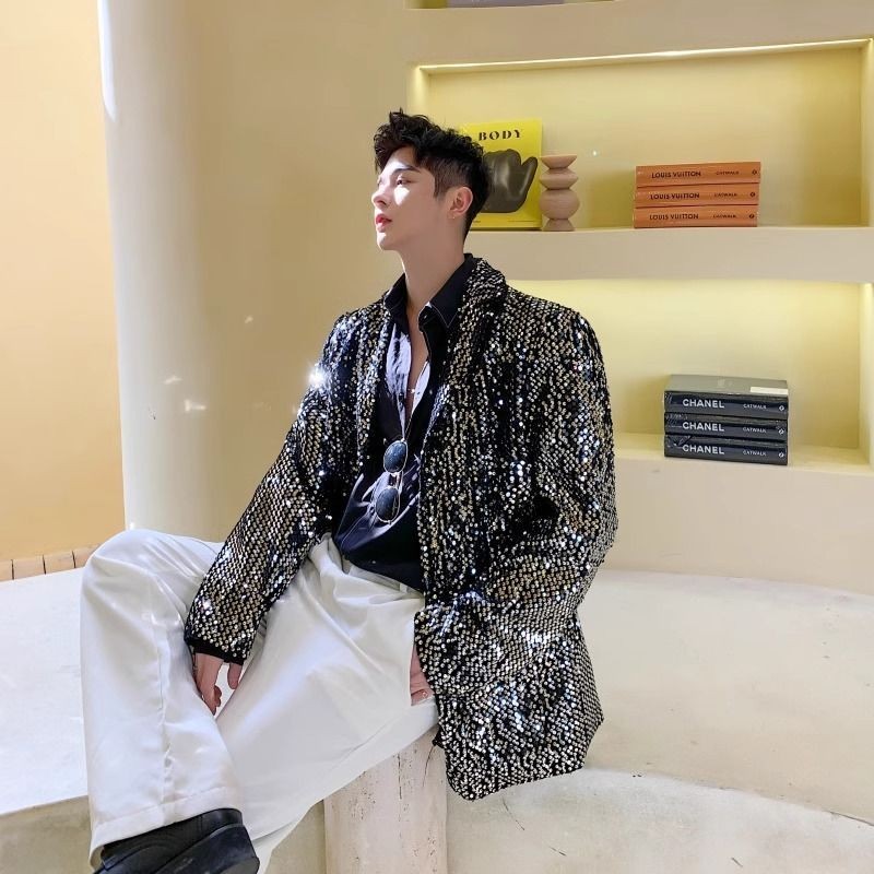เสื้อแจ็กเก็ตสูท ปักเลื่อมแวววาว เหมาะกับใส่ไปไนท์คลับ สําหรับผู้ชาย DI1K