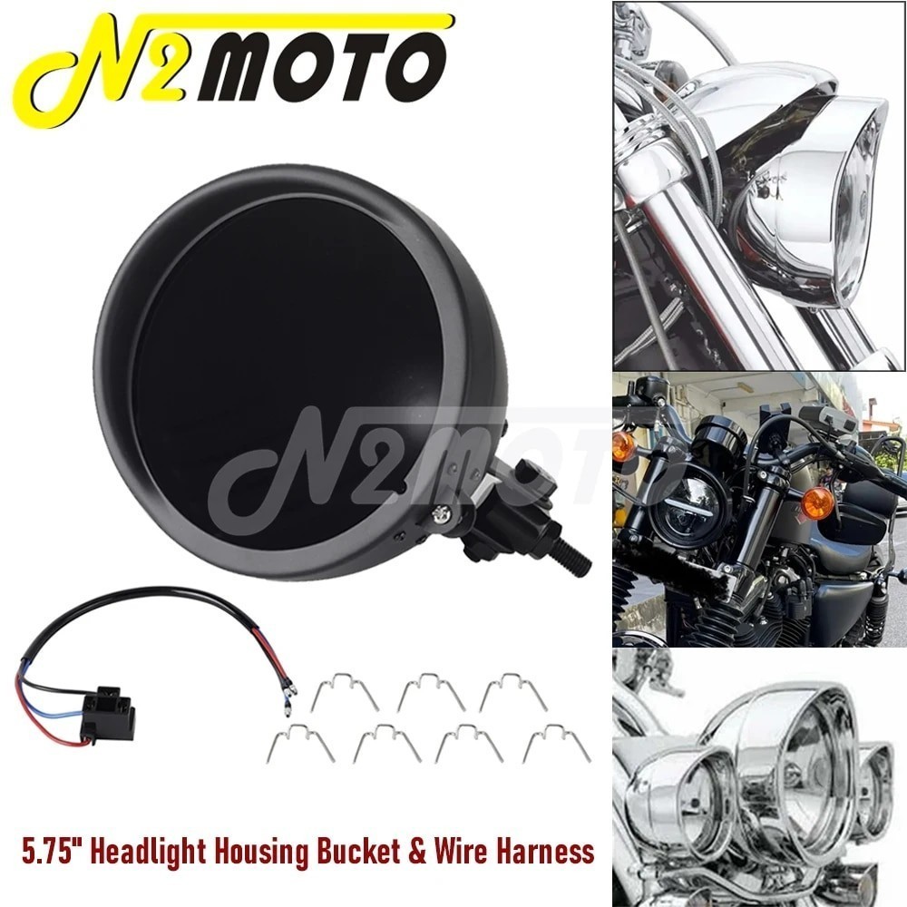 N2 Old School Motorcycle 5.75inch Headlight Housing W/ Visor Bezels Steel Front Lamp Shell Cover Uni