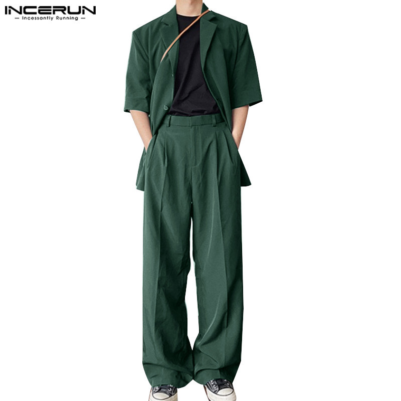 Incerun ชุดเสื้อแขนสั้น สองชิ้น แฟชั่นสไตล์เกาหลี เรียบง่าย สําหรับผู้ชาย