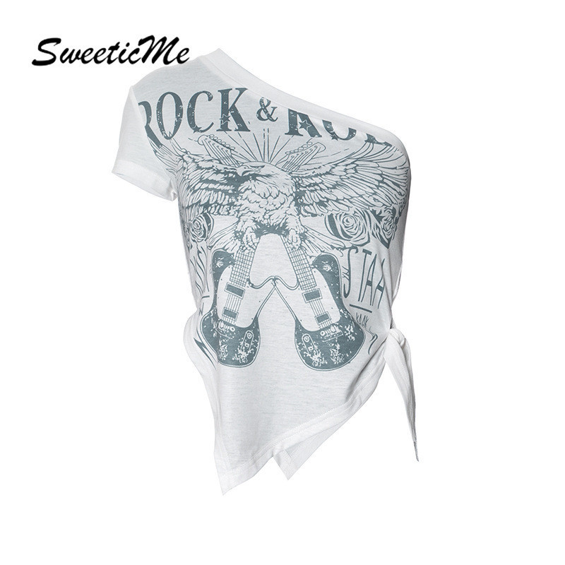 Sweeticme เสื้อยืด แขนสั้น ทรงสลิมฟิต พิมพ์ลาย ไม่สมมาตร แฟชั่นใหม่ สําหรับผู้หญิง 2024