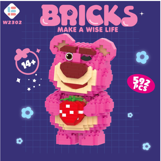 Mega Toys บล็อกตัวต่อ เลโก้  หมีชมพูสตรอเบอร์รี่ ลอตโซ่ หมีชมพู BRICKS MAKE A WISE LIFE