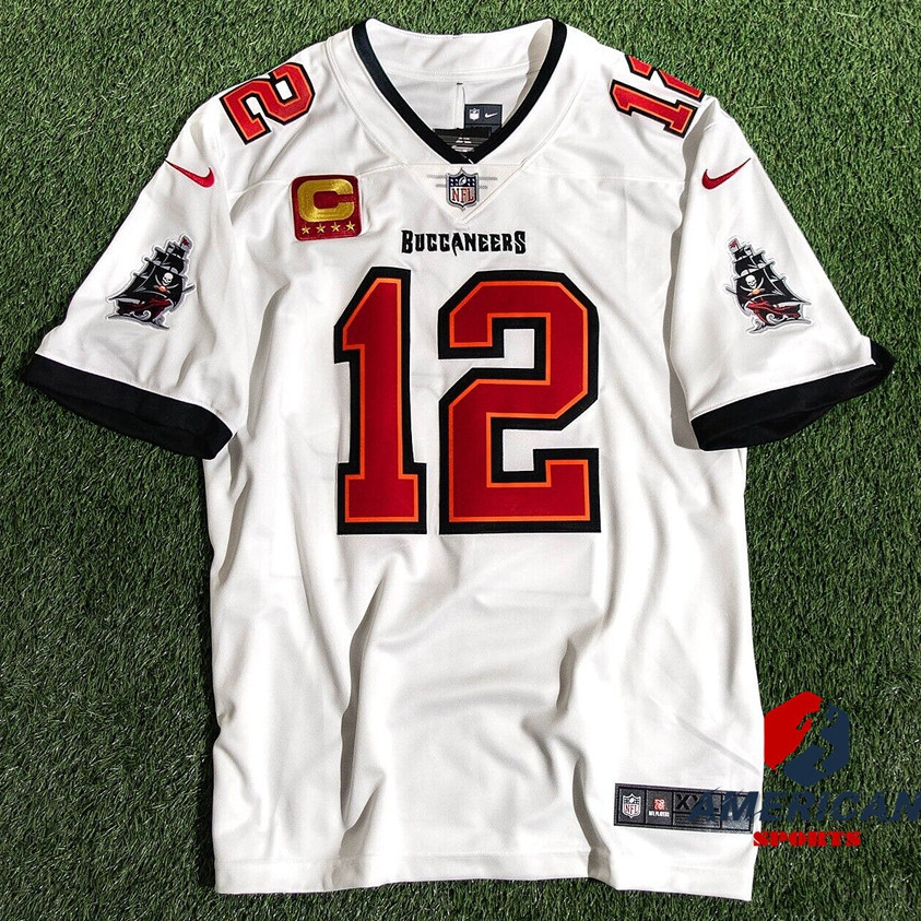 เสื้อกีฬาแขนสั้น ลายทีมชาติฟุตบอล Tampa Bay Buccaneers NFL 12 Tom Brady สีขาว สไตล์อเมริกัน