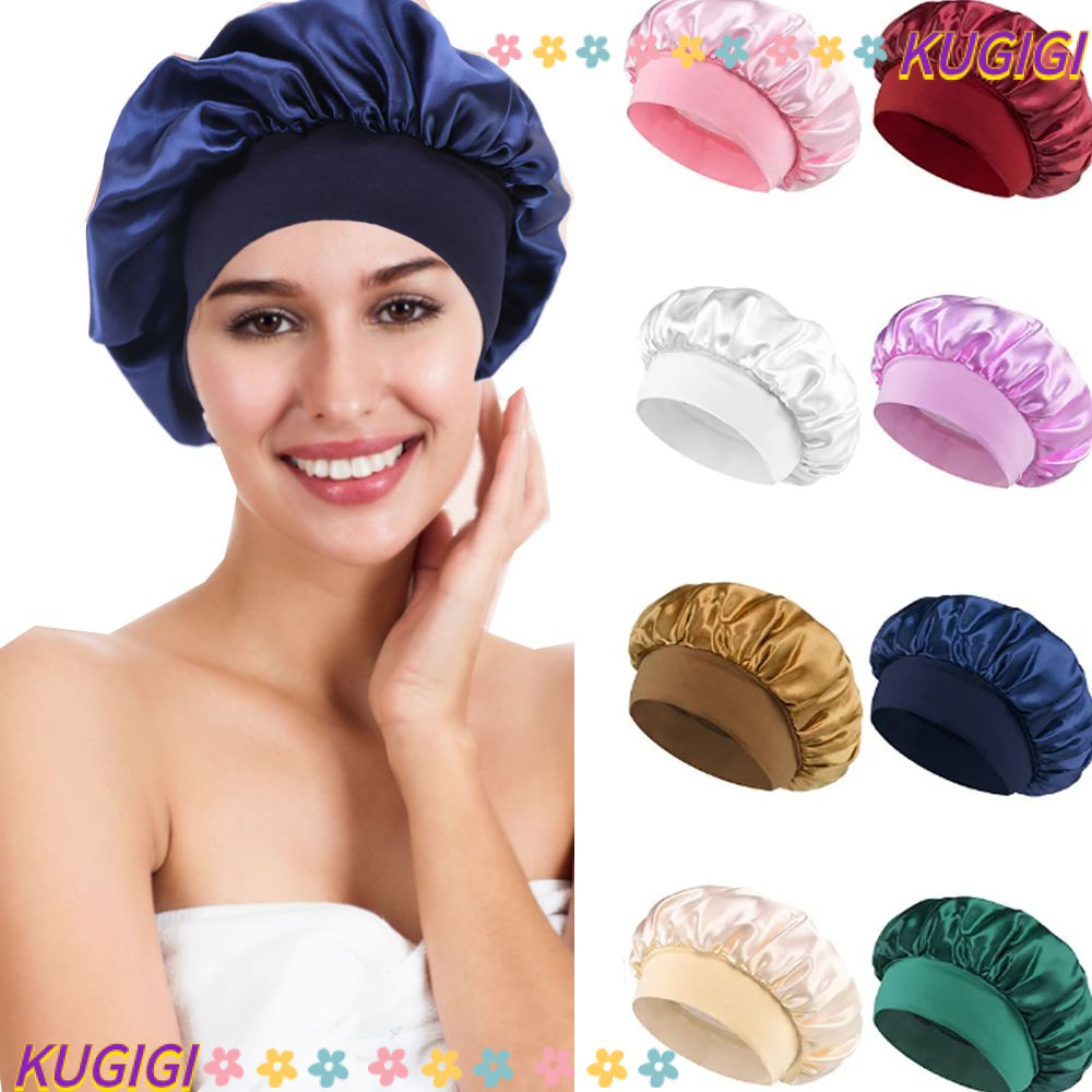Kugigi หมวกคลุมผม ผ้าซาตินเทียม แบบนิ่ม ขอบยืดหยุ่น ขนาดใหญ่ สีพื้น สําหรับผู้หญิง