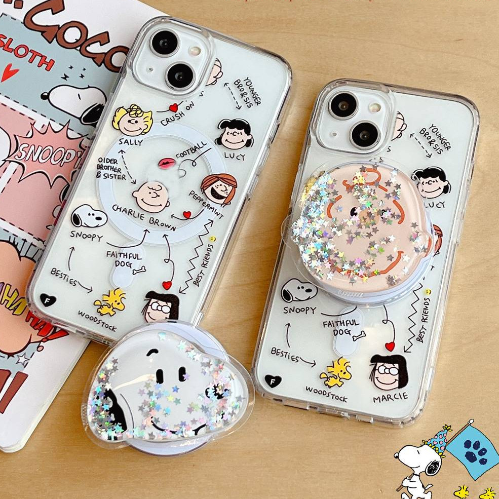 เคสโทรศัพท์มือถือ TPU กันกระแทก ลายลูกสุนัข Snoopy Charlie น่ารัก พร้อมขาตั้งแม่เหล็ก สําหรับ iphone 11 12 13 14 15 Pro Max