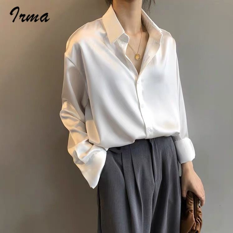 เสื้อเชิ้ตแขนยาว ผ้าซาติน สีขาว สไตล์เรโทร สําหรับผู้หญิง