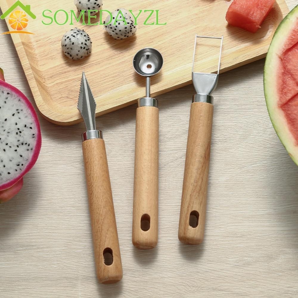 Somedayzl ช้อนส้อมสเตนเลส ด้ามจับไม้ อเนกประสงค์ สําหรับตักแตงโม ผัก ผลไม้ สลัด