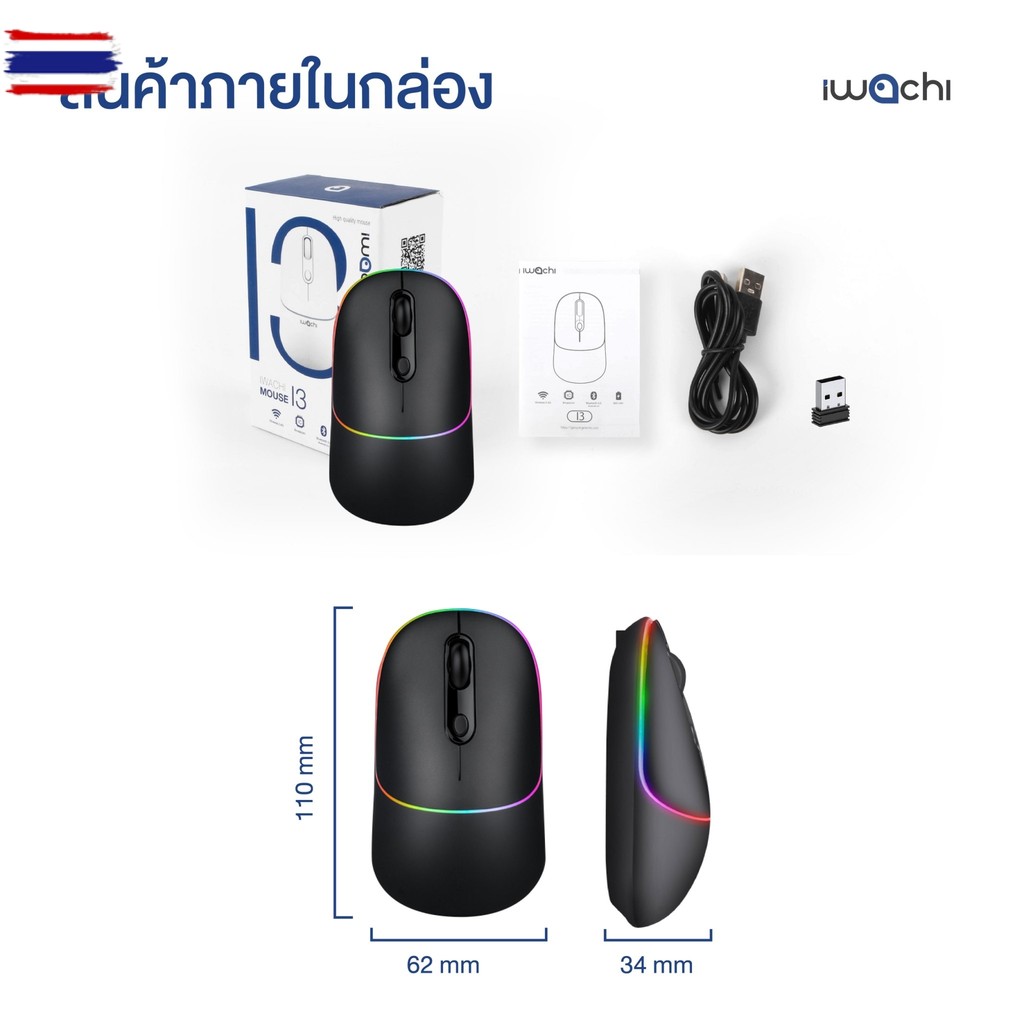 เมาส์ไร้สาย Iwachi I3 rechargable bluetooth mouse รองรั 2.4G/BT5.0 แตเตอรี่ในตัว 650mAh