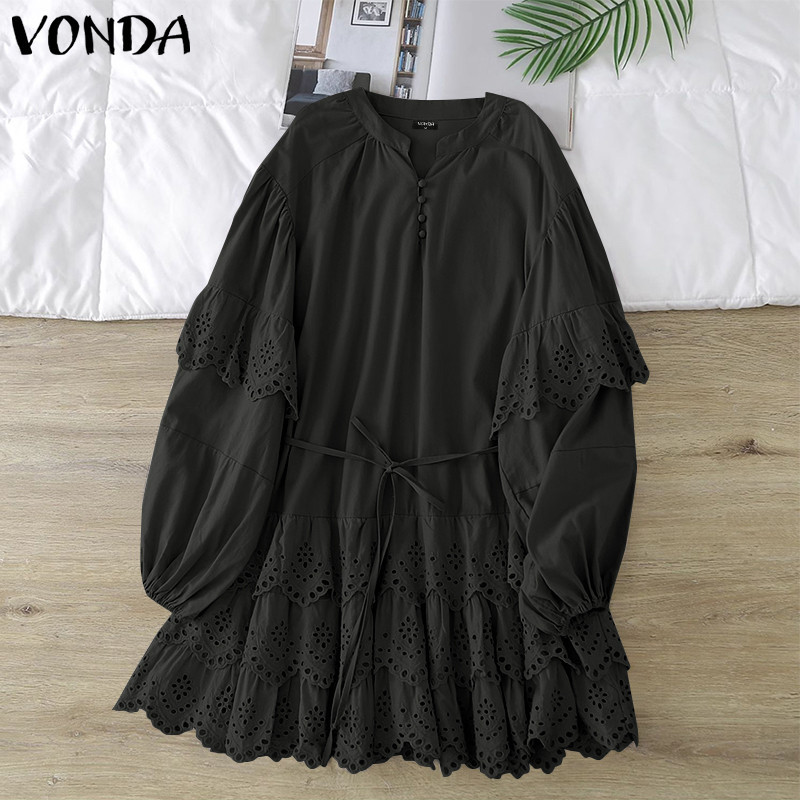 Vonda ผู้หญิงเกาหลี Hollow เย็บปักถักร้อยแขนโคมไฟ Cinched เอว V คอ Ruffle Edge กระโปรง — صورة 5