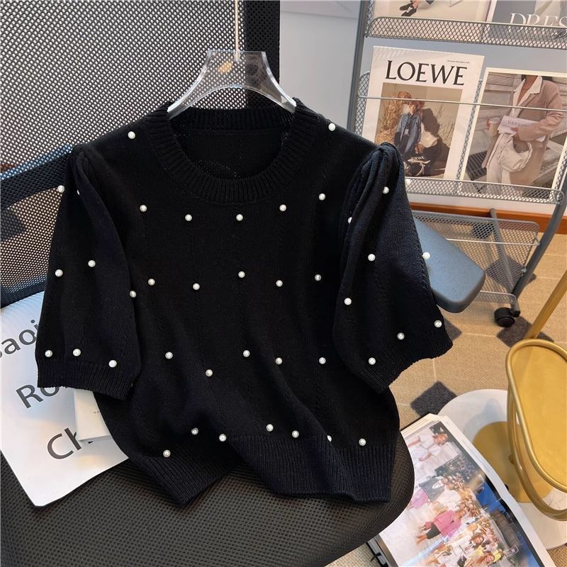 ฤดูร้อนสไตล์ใหม่ลูกปัดแขนสั้นเสื้อถักผู้หญิง ผอมลง ดูแฟชั่นแฟชั่นสั้นด้านบน - รูปที่ 4