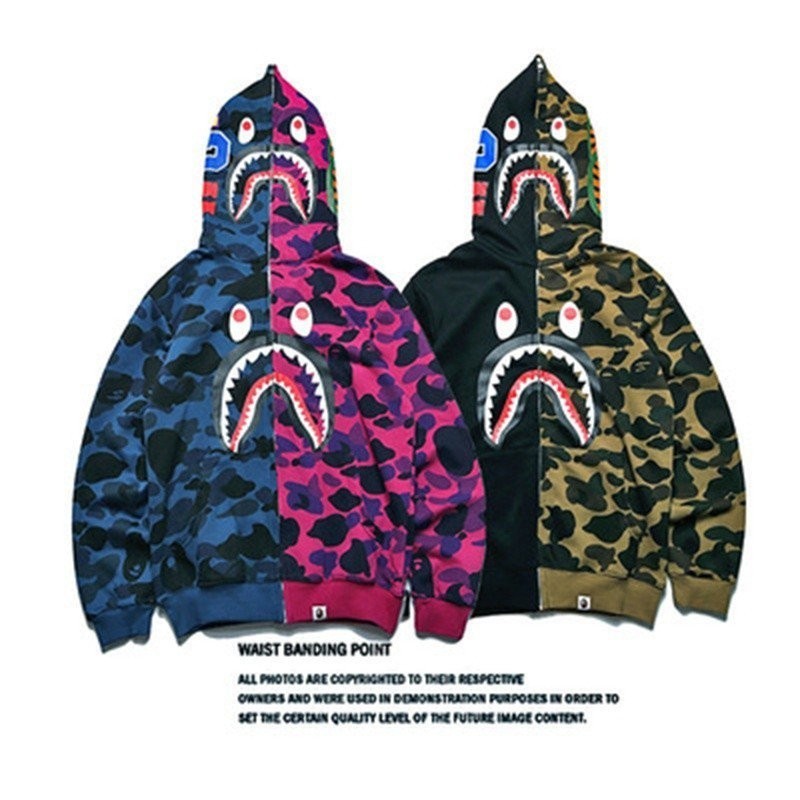 A Bathing Ape BAPE เสื้อแจ็กเก็ต มีฮู้ด ลายพราง หัวฉลาม มีซิป ทรงหลวม สําหรับผู้ชาย ผู้หญิง NM5Q