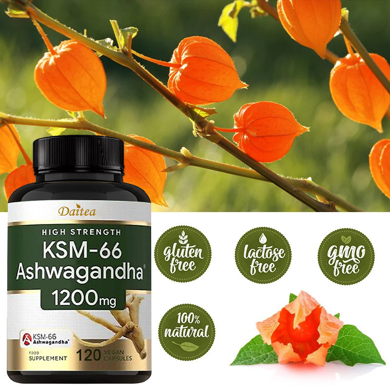Ashwagandha แคปซูล 1200 มก. พร้อมสารสกัดจาก Ashwagandha KSM-66-120 แคปซูลมังสวิรัติ - บรรเทาความวิตกกังวล, อาหารเสริมบรรเทาความเครียด