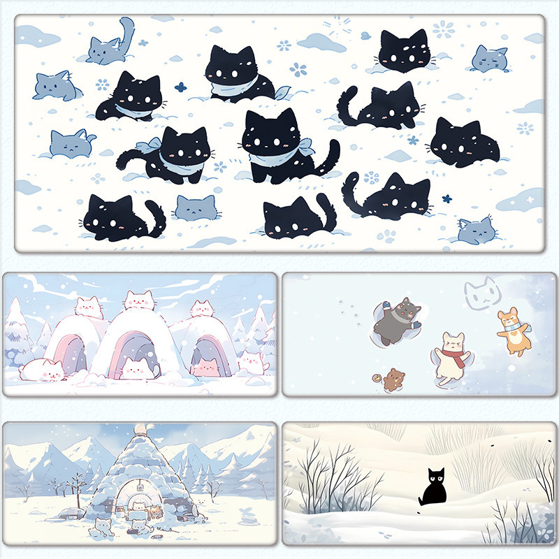 Snowy Cat แผ่นรองเมาส์ ลายการ์ตูนแมวน่ารัก ขนาดใหญ่ 60x30 ซม. สําหรับคอมพิวเตอร์ สํานักงาน
