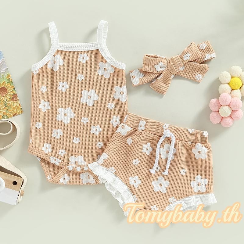Tomybaby- ชุดรอมเปอร์ เสื้อกล้าม ผ้าถัก ลายดอกไม้ และกางเกงขาสั้น แต่งระบาย และที่คาดผม แฟชั่นฤดูร้อน สําหรับเด็กผู้หญิง 3 ชิ้น ราคา ถูกที่สุด ดีลบีเคเค แกลเลอรีภาพที่ 2