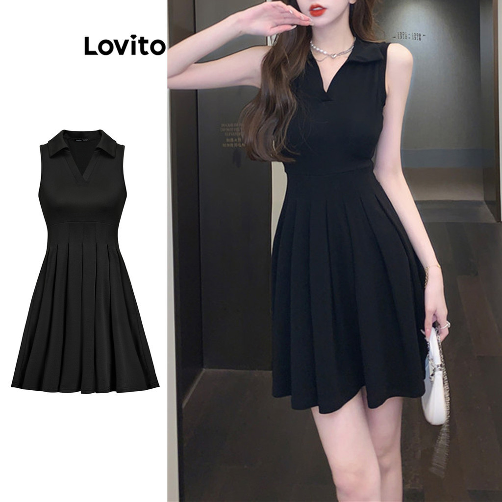 Lovito ชุดเดรสผู้หญิง แต่งจีบ สีพื้น สไตล์หรูหรา L77ED299