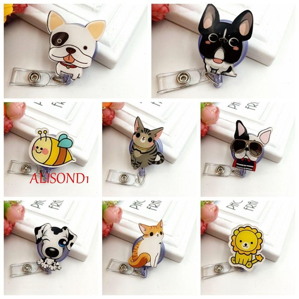 Alisond1 รอกป้ายชื่อพยาบาล, ที่ใส่ป้ายชื่อสุนัข พับเก็บได้, บัตรทํางานน่ารัก แมว ลูกสุนัข การ์ตูนสัตว์ ดึงหัวเข็มขัด ใช้งานง่าย โรงพยาบาล