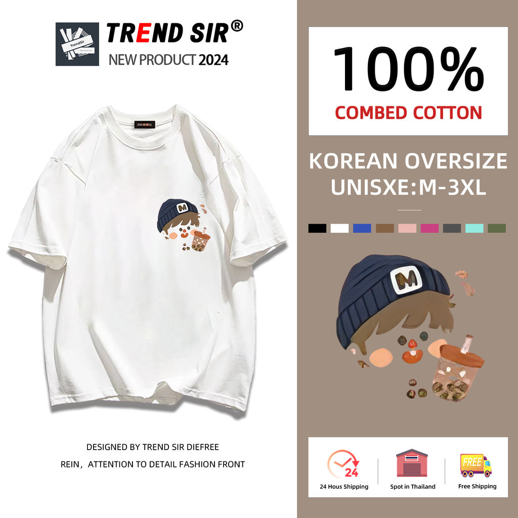 TrendSir มาใหม่ ลายเยอะ เสื้อยืดผ้าคอตตอน เสื้อยืดคู่ สไตล์เกาหลีน่ารัก สตรีท oversize M-3XL