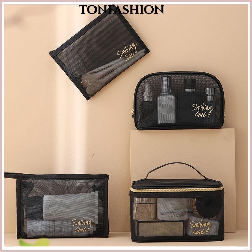 Tonfashion กระเป๋าเครื่องสําอาง ผ้าตาข่าย ความจุขนาดใหญ่ แบบพกพา สีดํา 1 5 ชิ้น