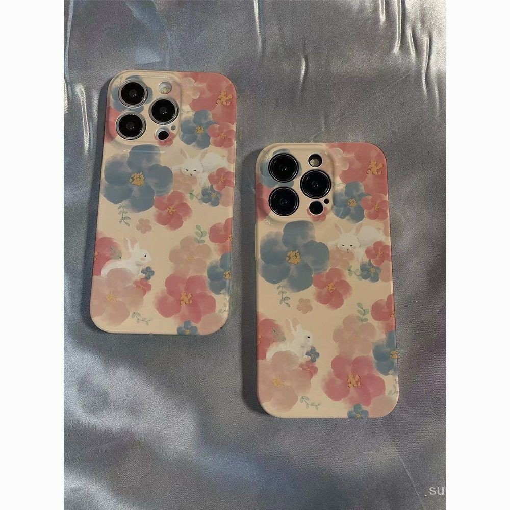 เคสโทรศัพท์มือถือแบบแข็ง กันกระแทก ลายดอกไม้ สีชมพู สีฟ้า สําหรับ iPhone 11 12 13 14 15 pro max 7 8 plus xr x xs max 12pro 13promax 14promax